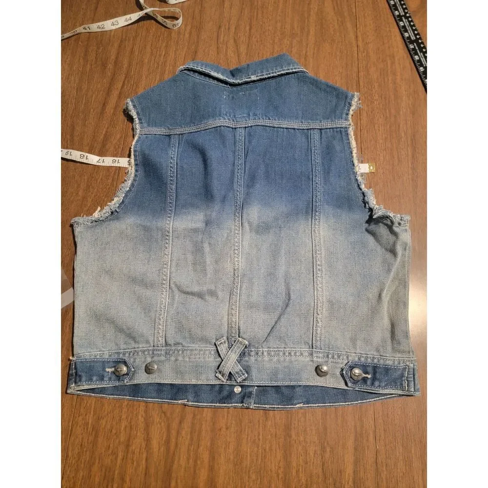 White Crow Denim Button Cropped Vest Cowgirl Rodeo Western Boho Beaded boho Ombr